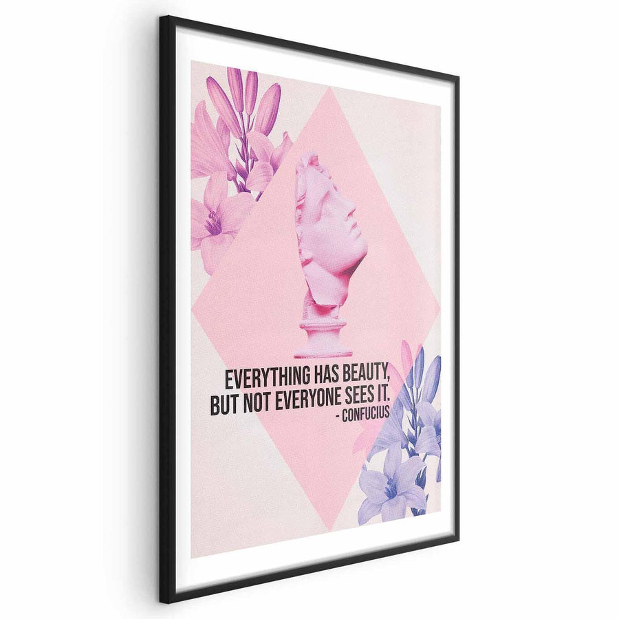 Poster - Confucius on Beauty - a bust in pink with flowers and a quote Artgeist