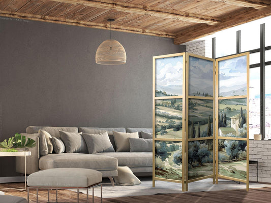 Japanischer Paravent - Landscape with Green Fields and Trees - Tuscan sunny view