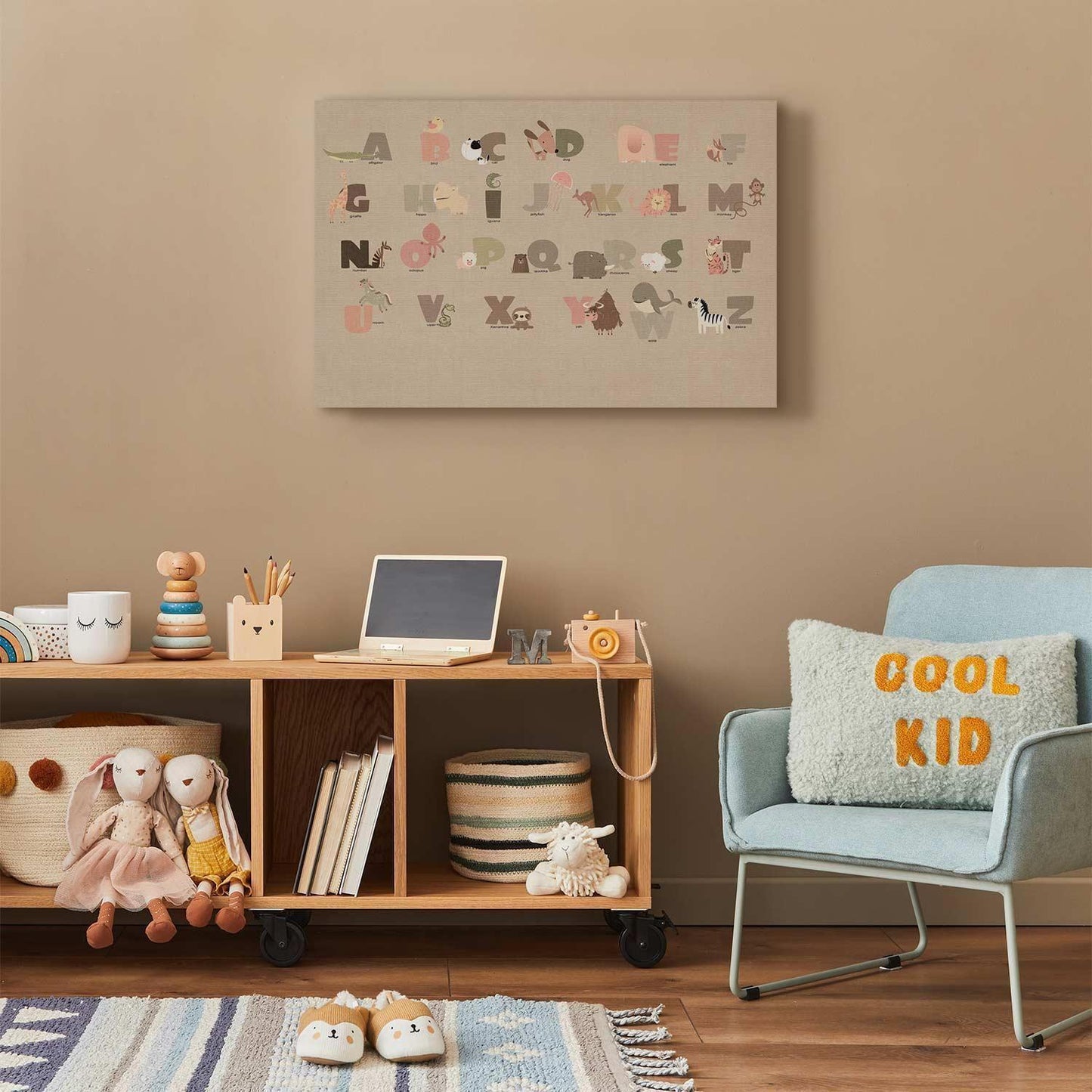 Leinwandbild - Alphabet at the Zoo - Joyful Animals and Their Names on a Beige Background