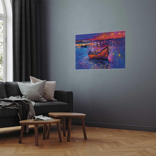 Poster - Modern impressionism - night landscape of a lake with a floating boat