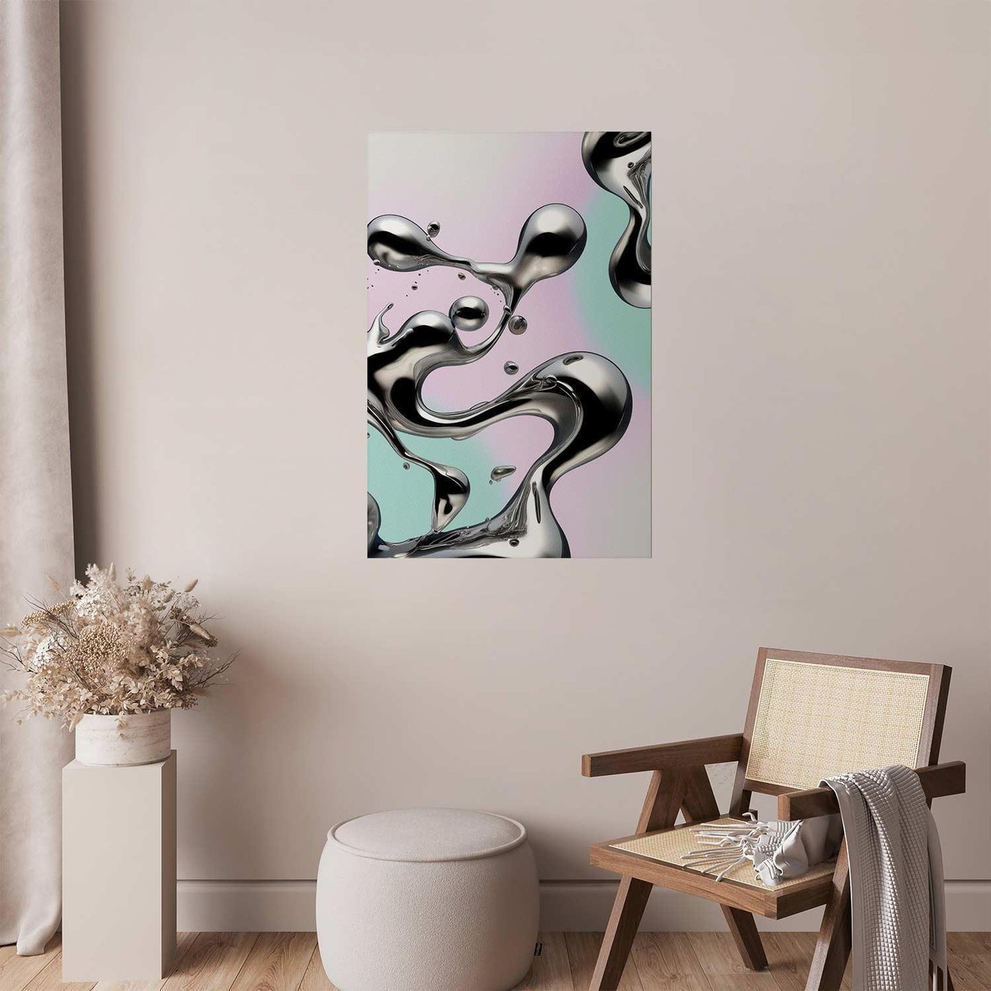 Poster - Metallic Fluidity - abstract silver forms on a mint-purple background