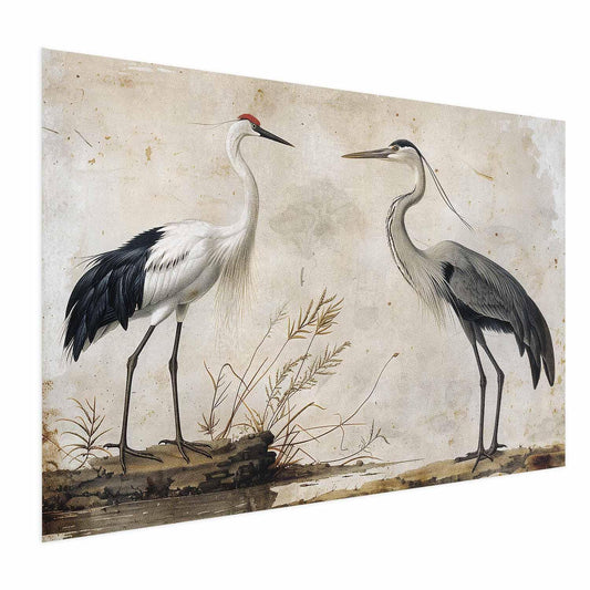 Poster - Birds from an Old Engraving - vintage-style illustration of a heron and a crane Artgeist