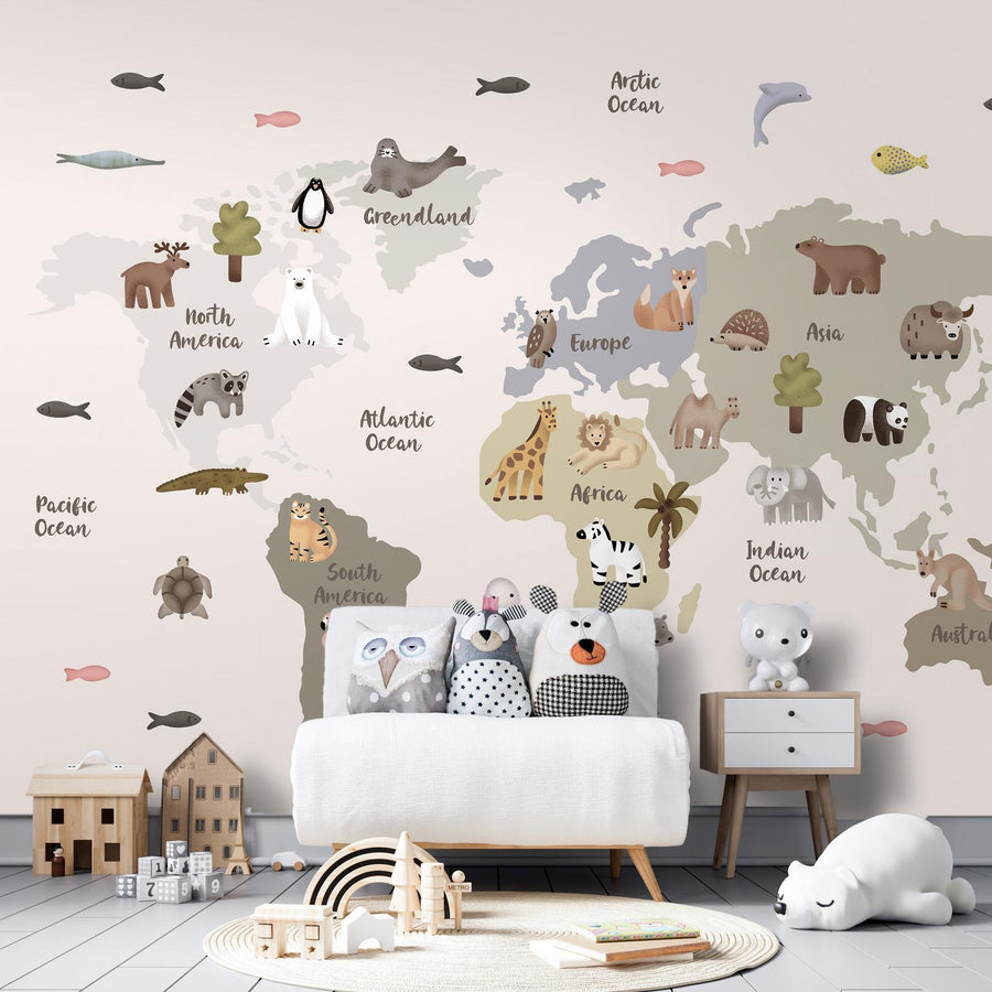 Fototapete - Pastellkarte - Tiere und Kontinente fürs Kinderzimmer Artgeist