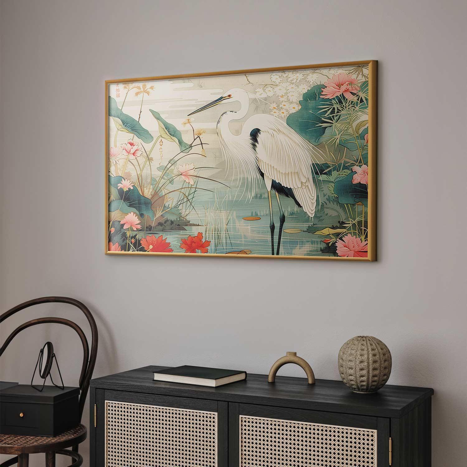 Poster - Over the Asian Pond - illustration in the Japanese print style featuring a heron Artgeist