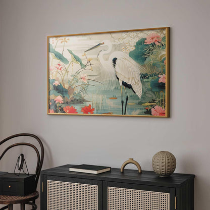Poster - Over the Asian Pond - illustration in the Japanese print style featuring a heron Artgeist