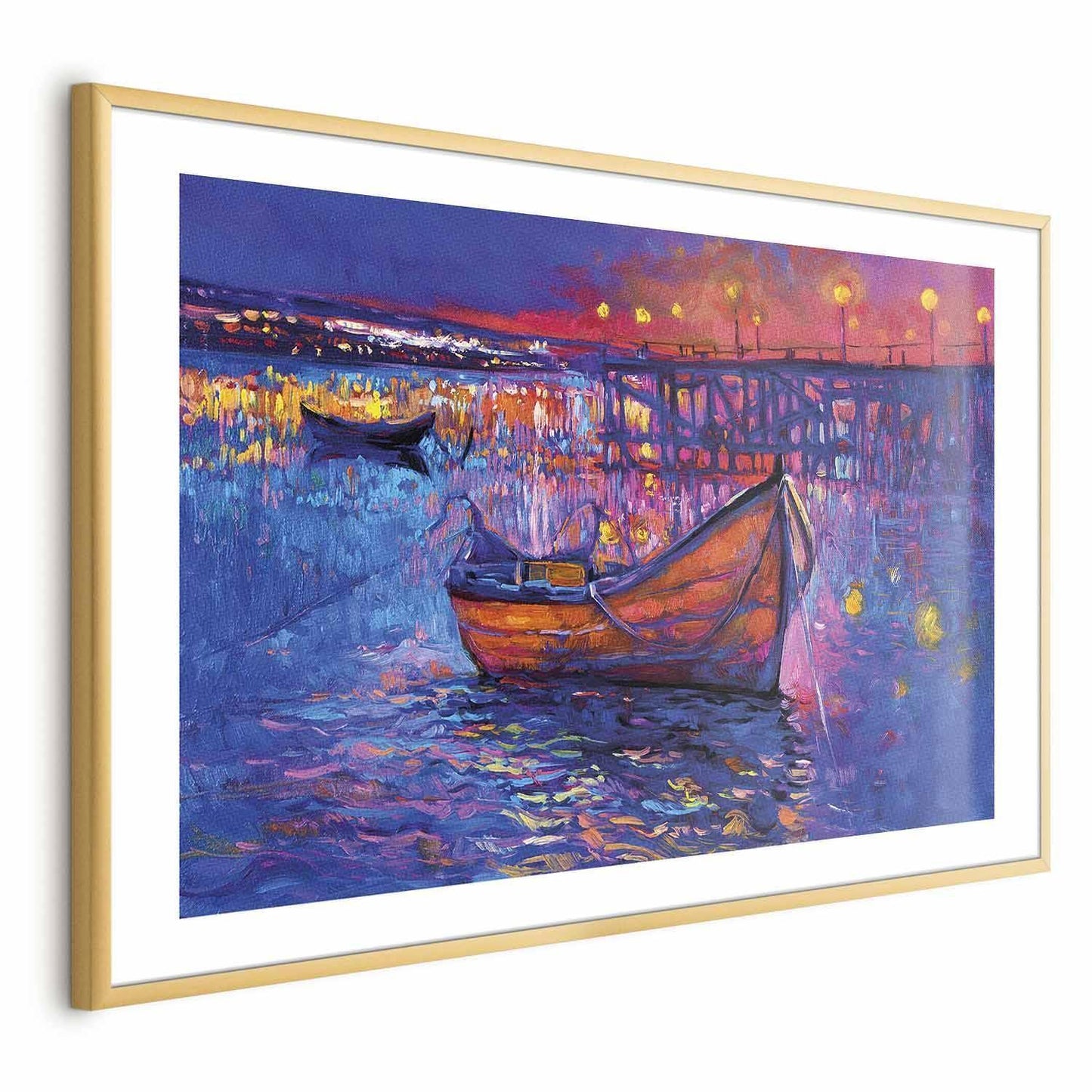 Poster - Modern impressionism - night landscape of a lake with a floating boat