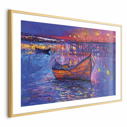 Poster - Modern impressionism - night landscape of a lake with a floating boat