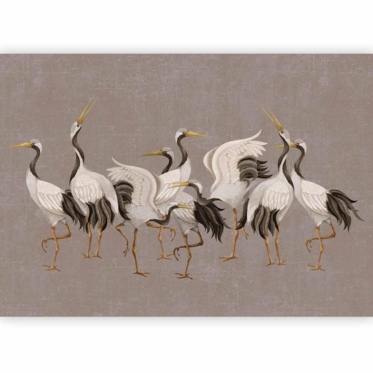 Fototapete - Crane dance – bright silhouettes of birds against a warm grey background with texture