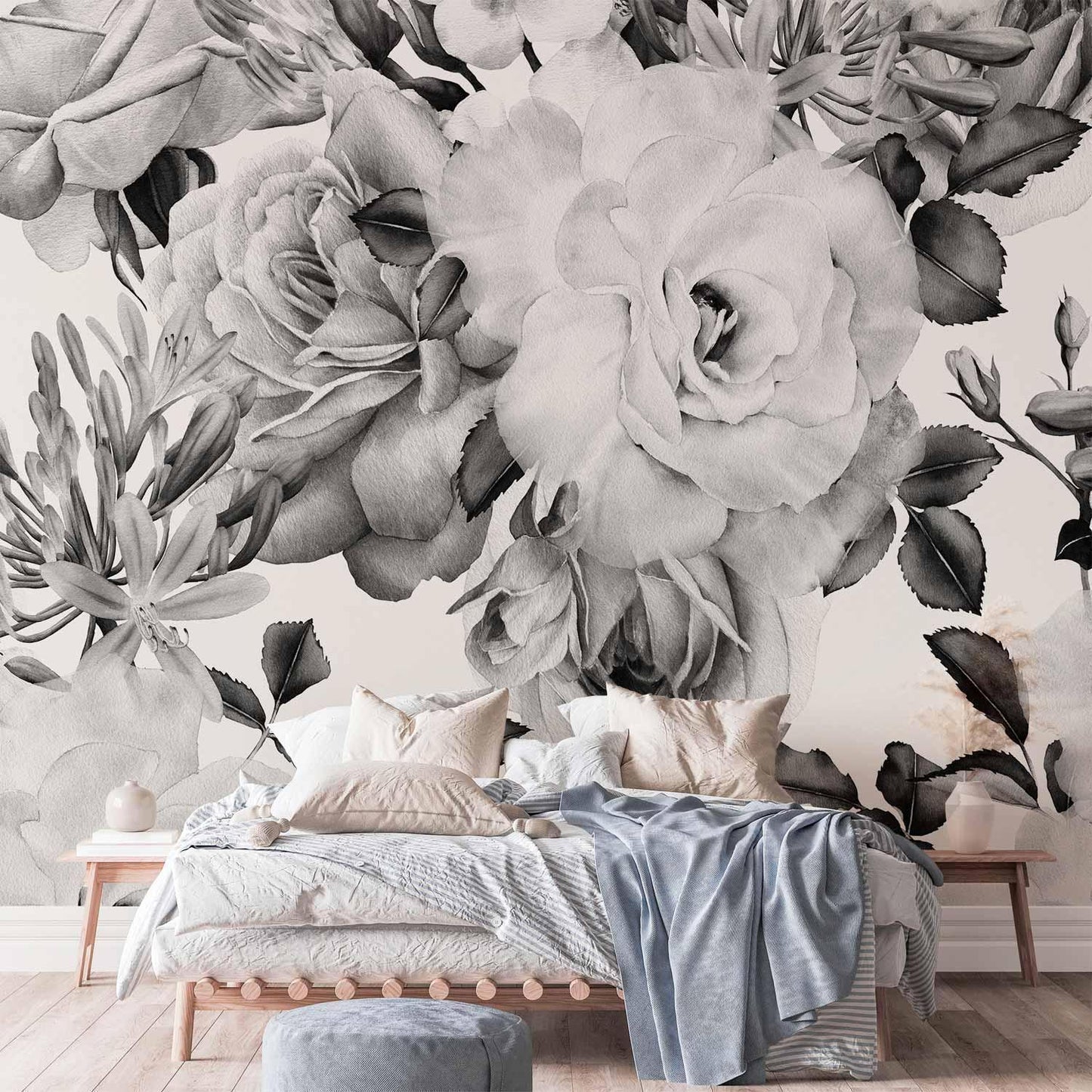 Fototapete Romantischer Garten – Schwarz-Weiß Blumenmuster