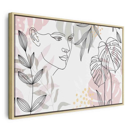 Leinwandbild Frau mit Monstera Blättern – Moderne Line Art
