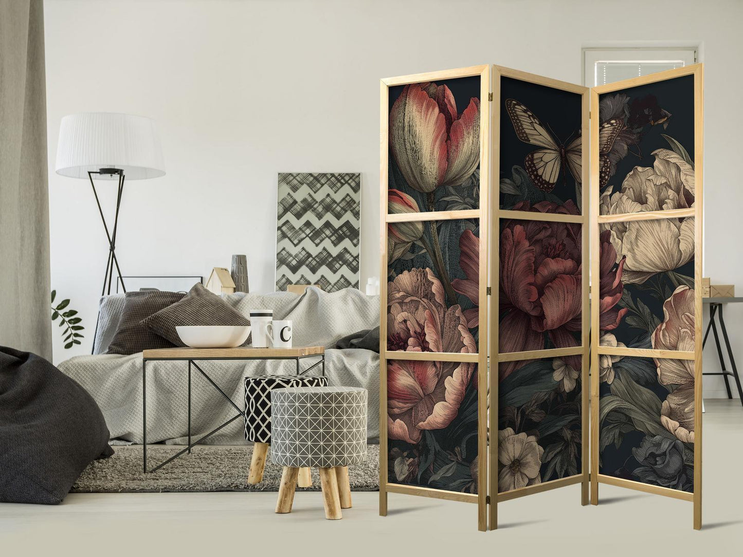 Japanischer Paravent - Floral Illustration - Magnificent Flower Buds on a Turquoise Background