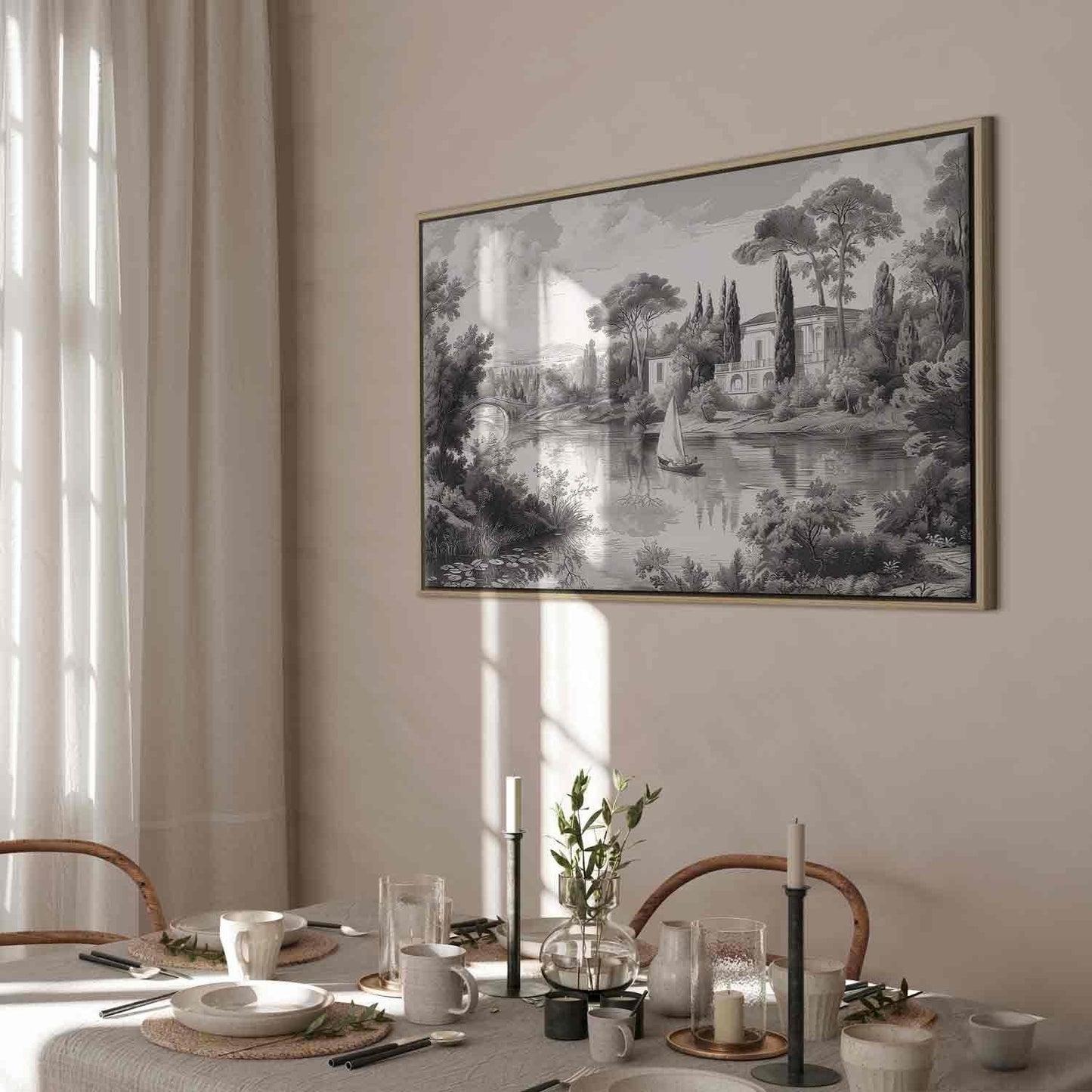 Leinwandbild - Black and White Vintage Landscape Retro View of a Pond with a Boat