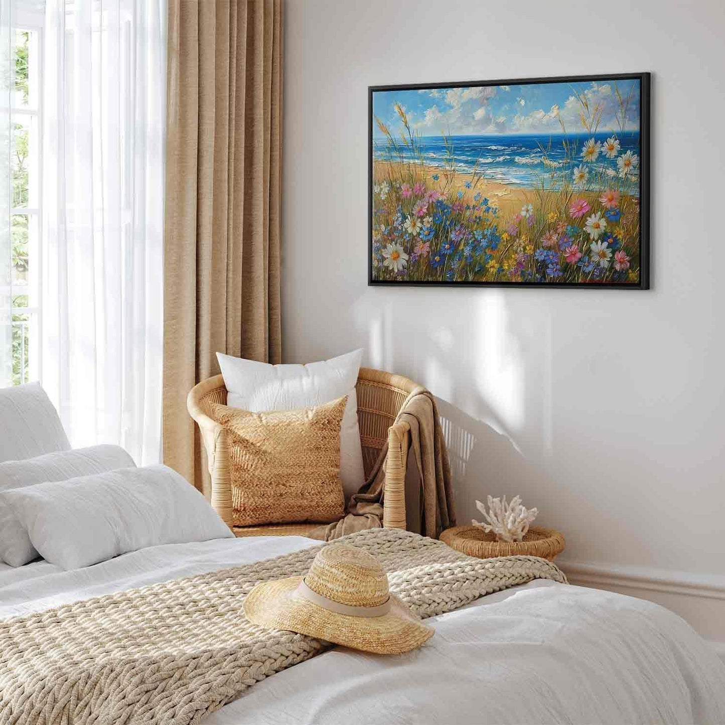 Leinwandbild - Seascape – wildflowers and a view of the rough sea