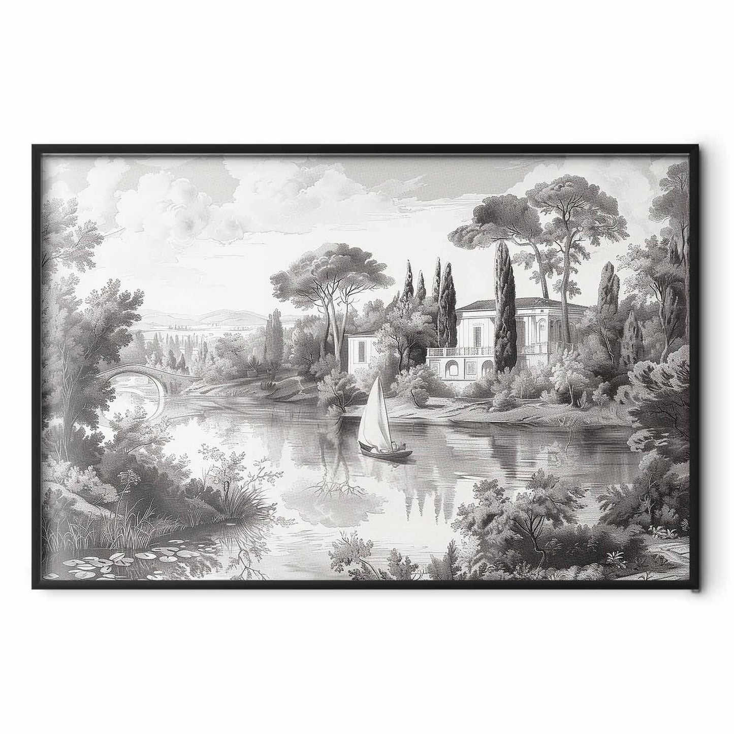 Poster - Black-and-White Vintage Landscape with a Pond