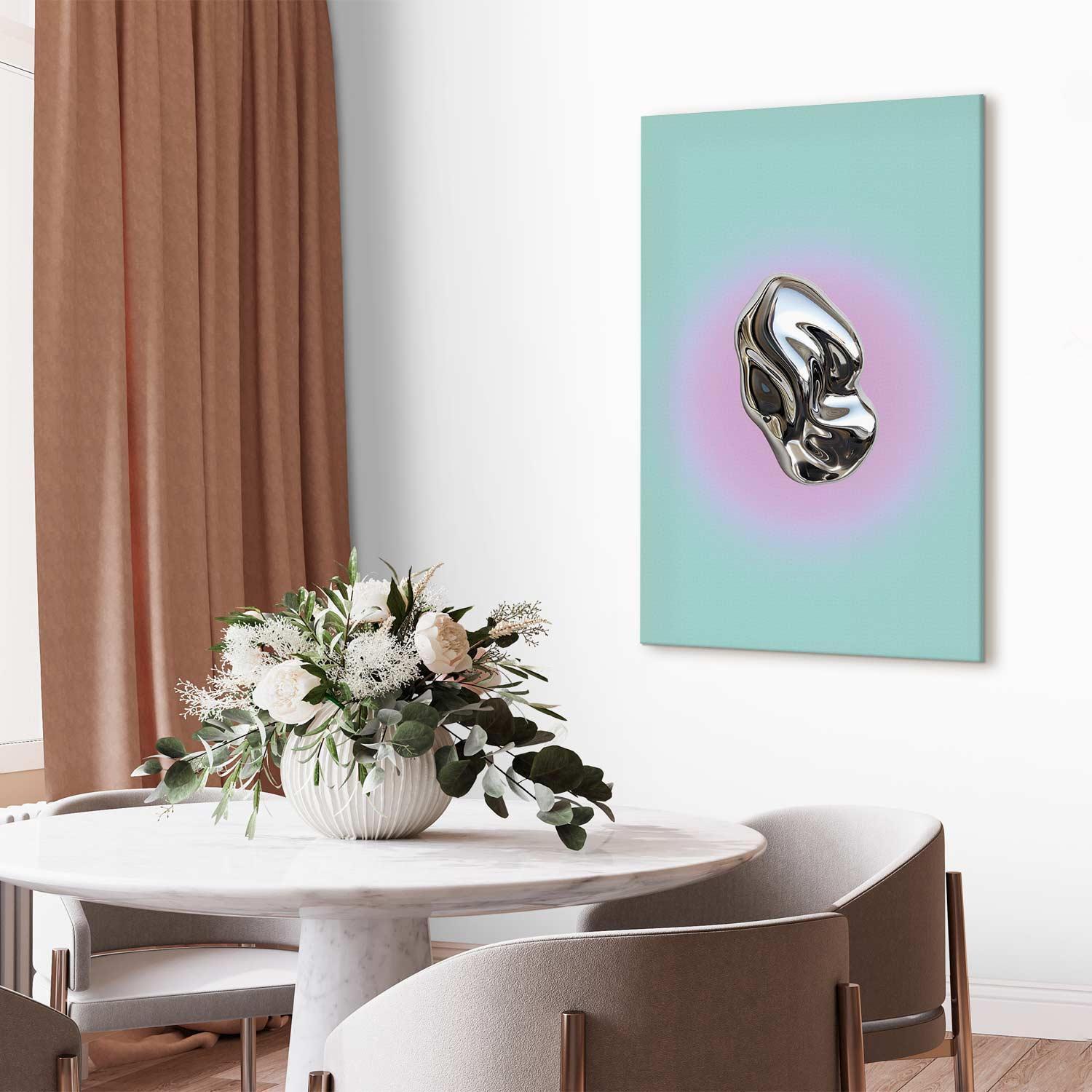 Leinwandbild - Metallic Form - Abstract Sculpture on a Mint Background with a Purple Halo Artgeist