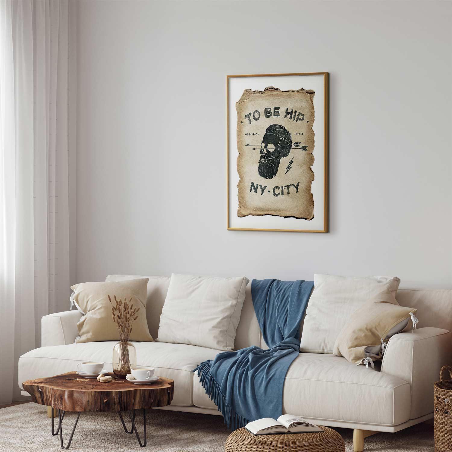 "To Be Hip" poster in elegant living room setting with neutral decor.