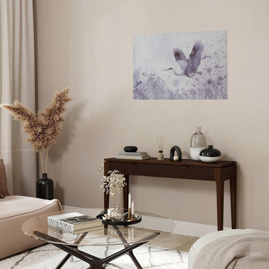 Poster Kranich im Flug – Elegantes Tierposter in Blau-Grau