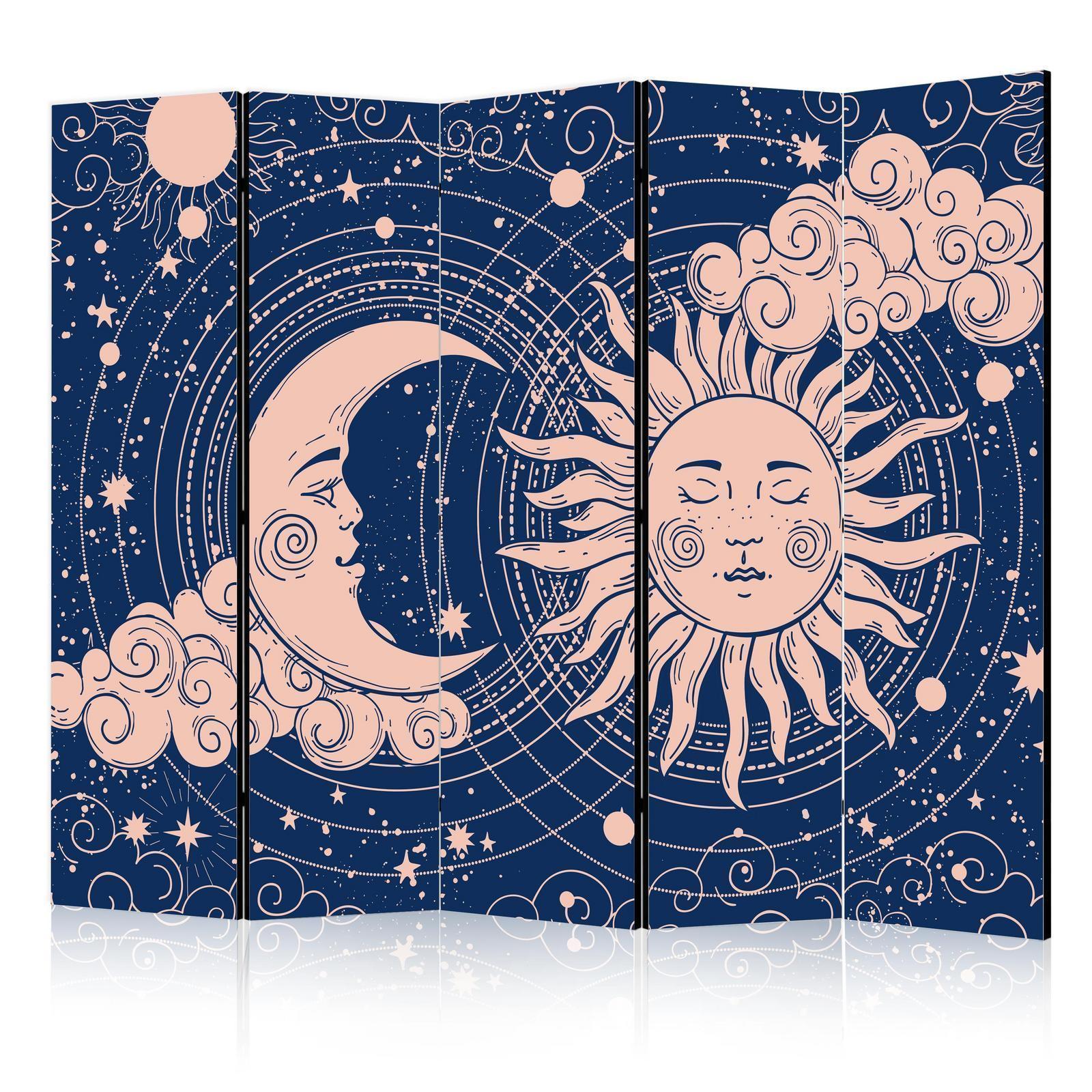 Paravent - Cosmic Harmony - Illustration of the Sun and Moon on a Navy Background Artgeist