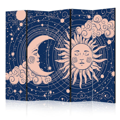Paravent - Cosmic Harmony - Illustration of the Sun and Moon on a Navy Background Artgeist