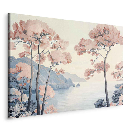 Leinwandbild - Landscape with the Ocean Cliffs and Trees in Delicate Pink Shades Artgeist