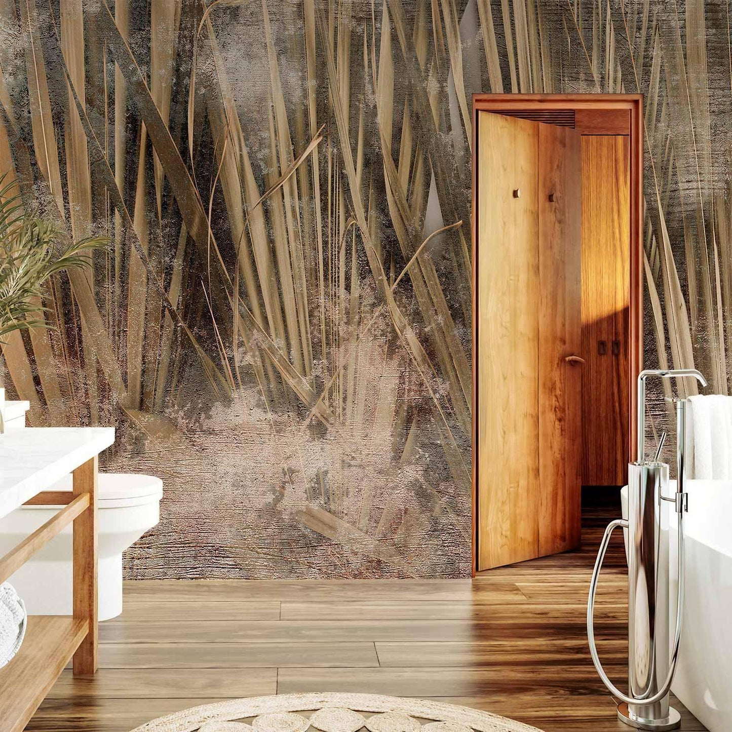 Fototapete - Dry leaves - landscape of tall grasses in boho style with paint patterns