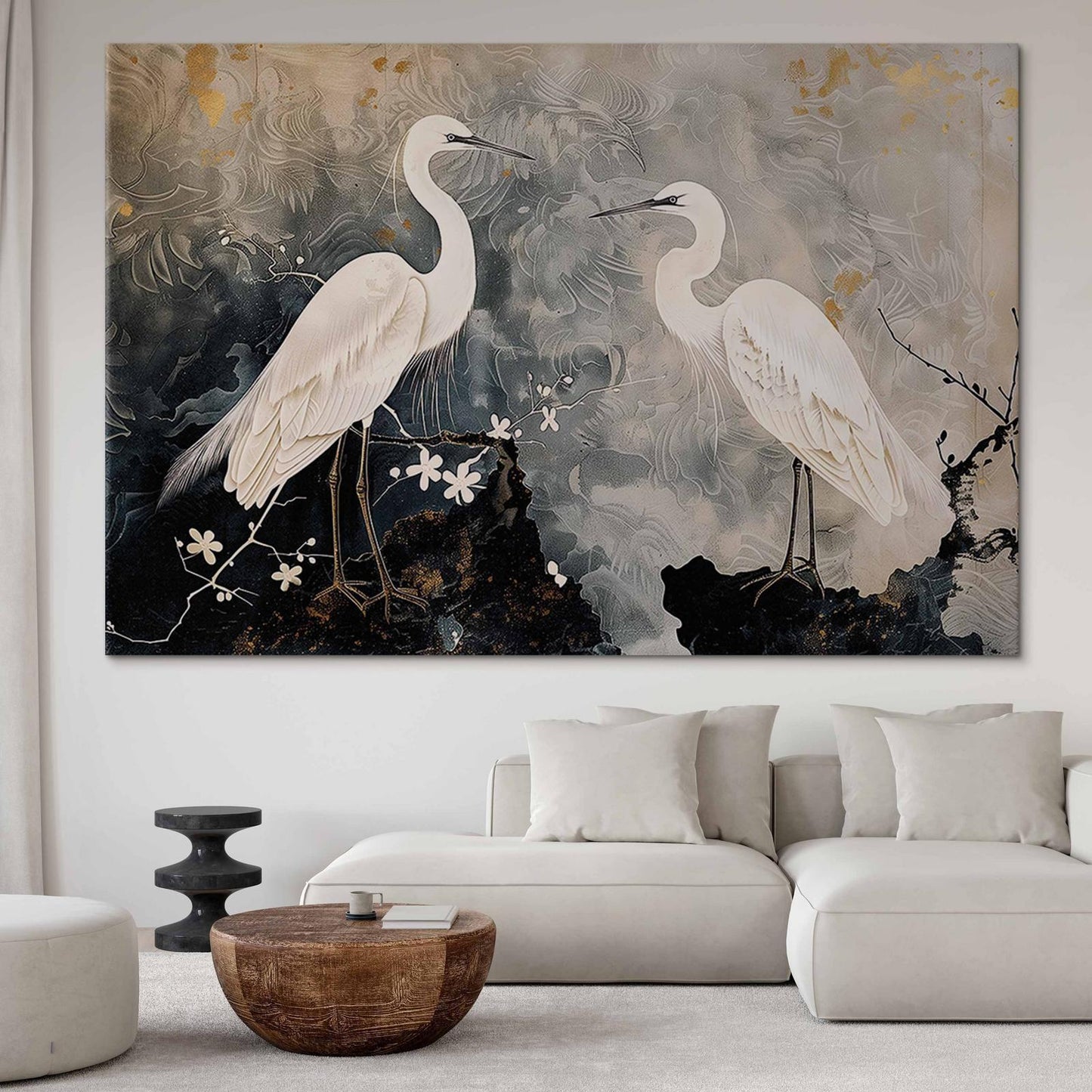 Wandbild XXL - Herons and cherry blossoms - oriental-style illustration depicting birds