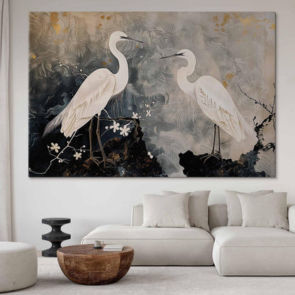 Wandbild XXL - Herons and cherry blossoms - oriental-style illustration depicting birds