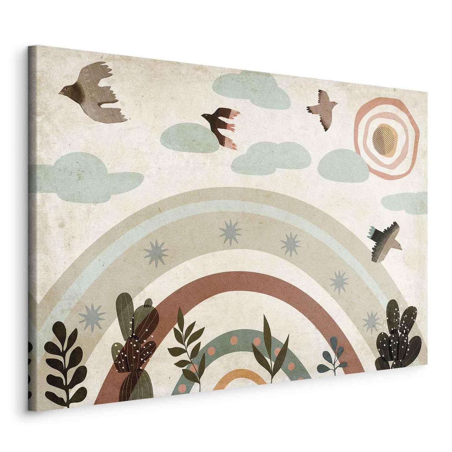 Leinwandbild - Rainbow and Sun Above - Birds in Subdued Colors Flying Among Clouds Above a Rainbow and Various Plants on a Light Background