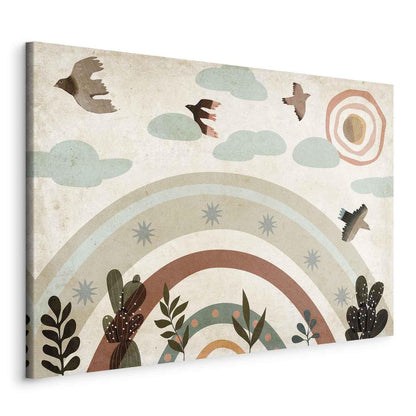 Leinwandbild - Rainbow and Sun Above - Birds in Subdued Colors Flying Among Clouds Above a Rainbow and Various Plants on a Light Background