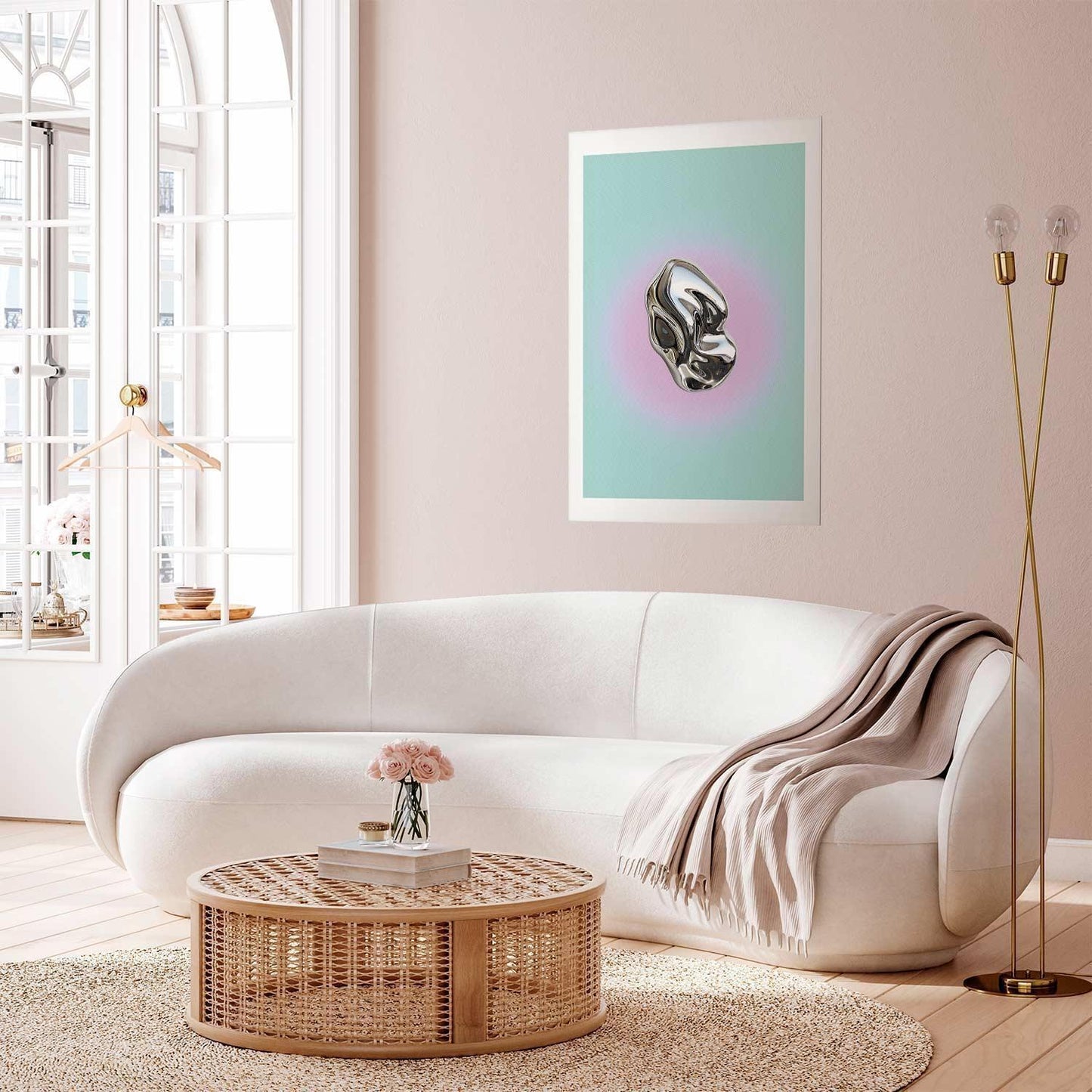 Poster - Metallic Form - abstract sculpture on a mint background with a purple halo