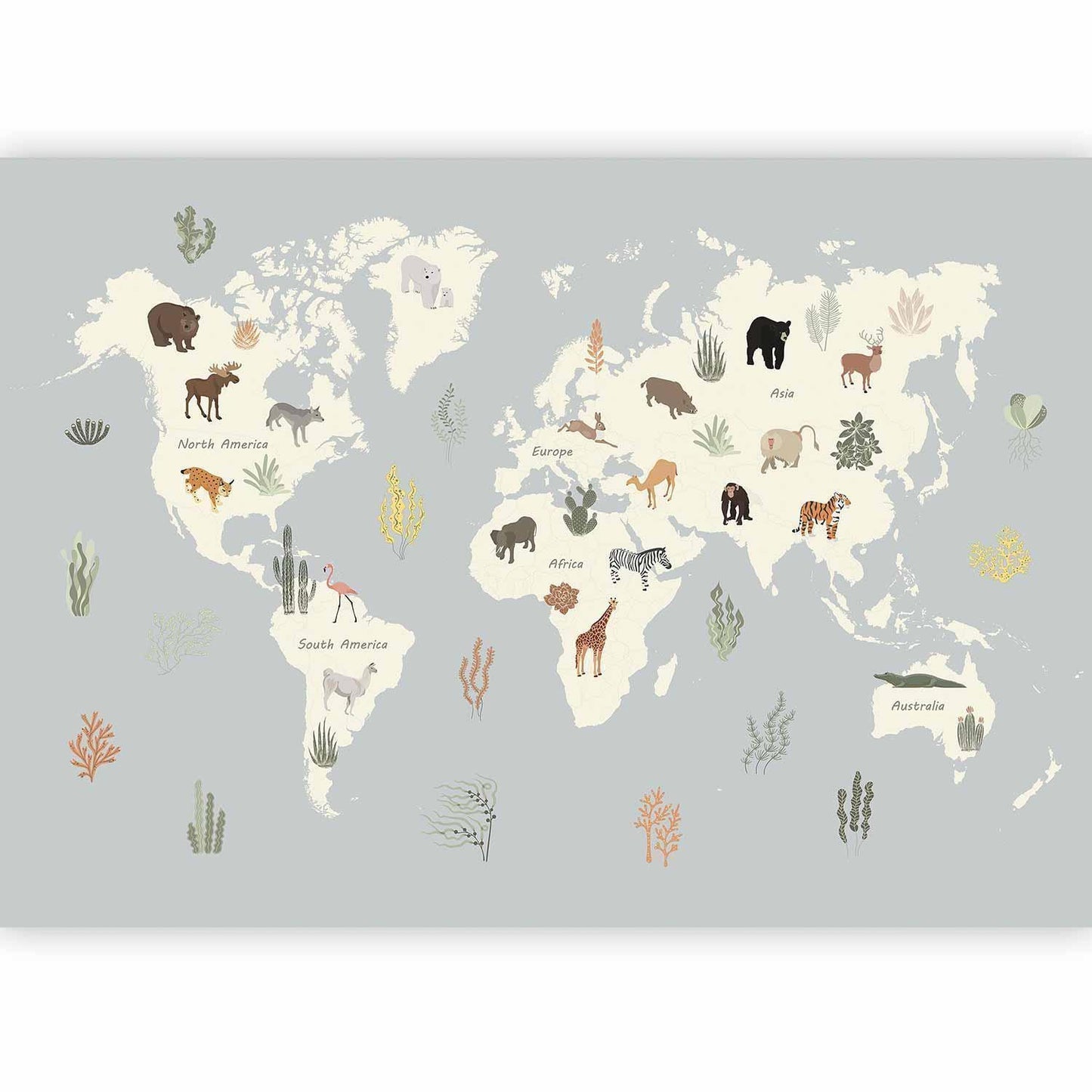 Fototapete - Pastel Planet - Animals and Underwater Plants on a Map