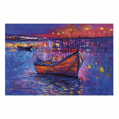 Poster - Modern impressionism - night landscape of a lake with a floating boat