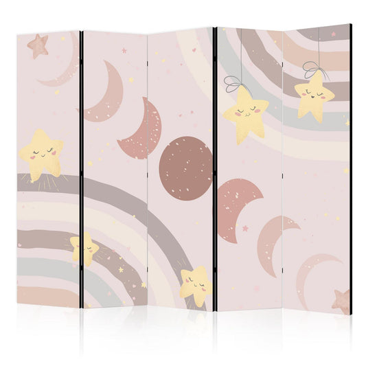 Paravent - Joyful Sky - Yellow Cheerful Stars with a Rainbow Against the Phases of the Moon - in the Sky Colored Light Beige Artgeist