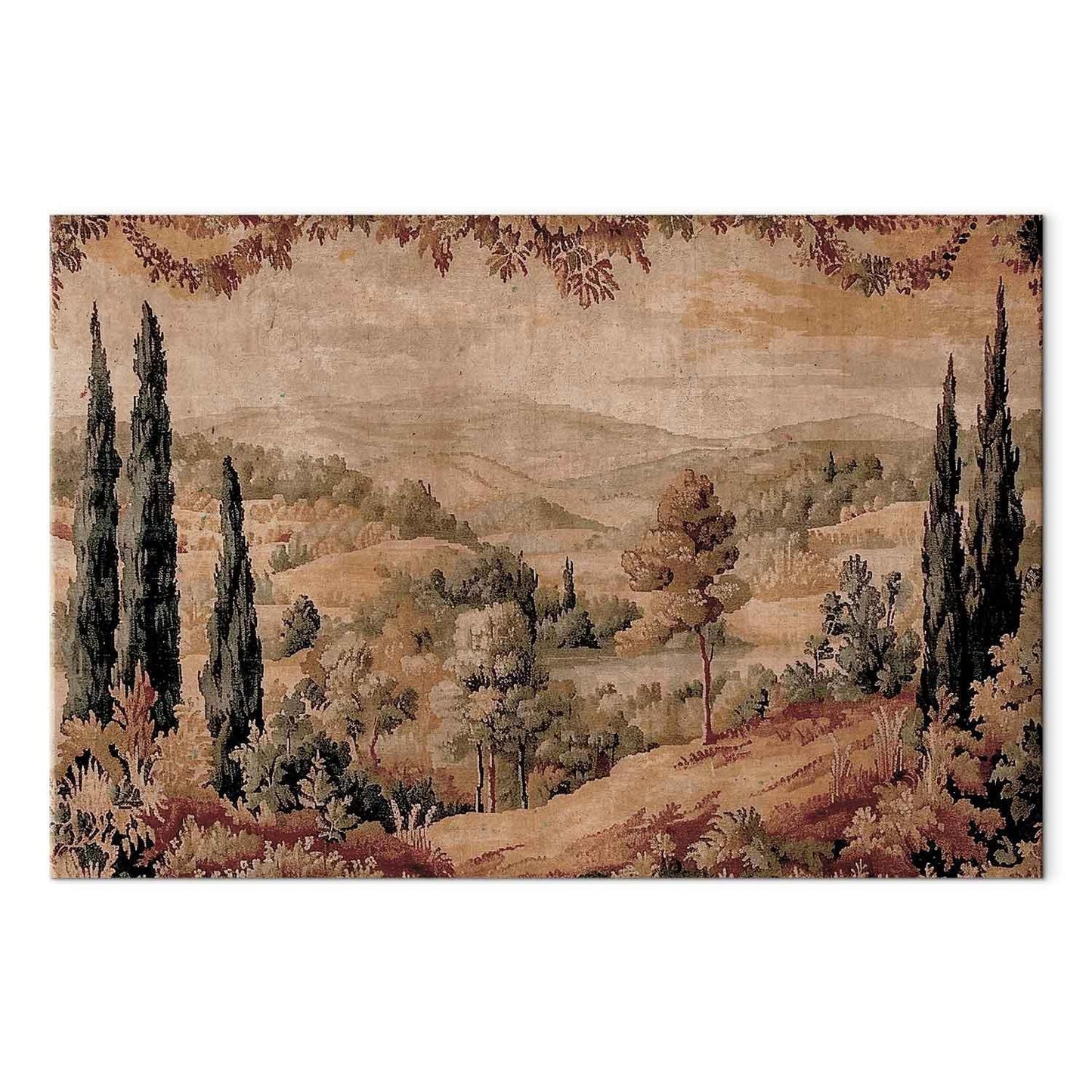 Leinwandbild - Mediterranean landscape - old tapestry with a hill and a lake