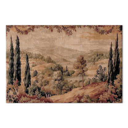 Leinwandbild - Mediterranean landscape - old tapestry with a hill and a lake