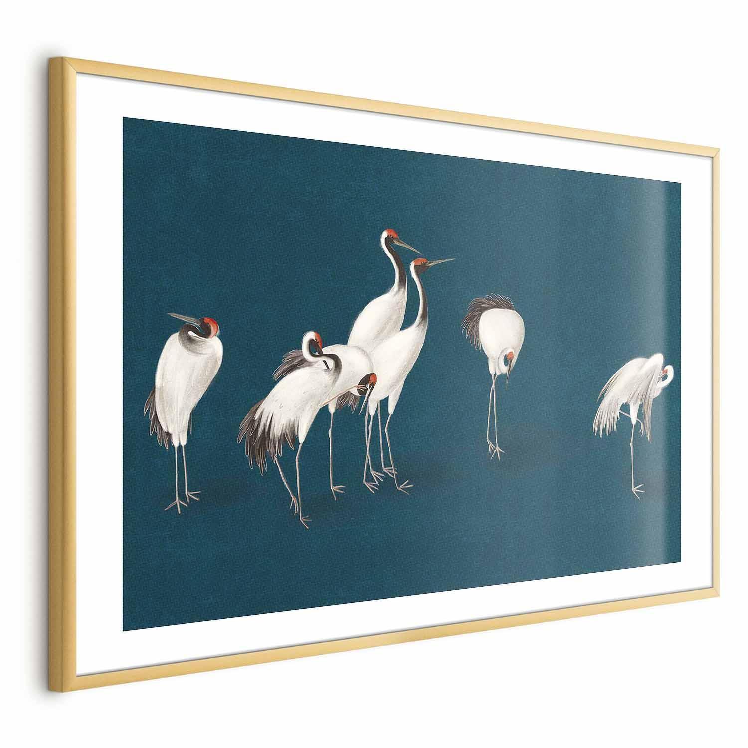 Poster - Evening at the Pond - group of cranes drawn in dry pastel on a dark turquoise background Artgeist