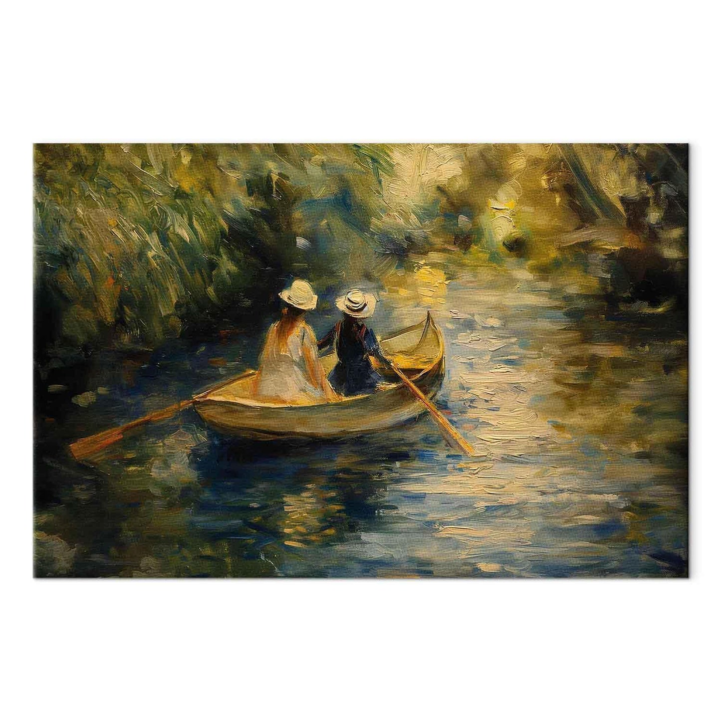 Leinwandbild - Boat crossing - painting of two women sailing a boat on a river