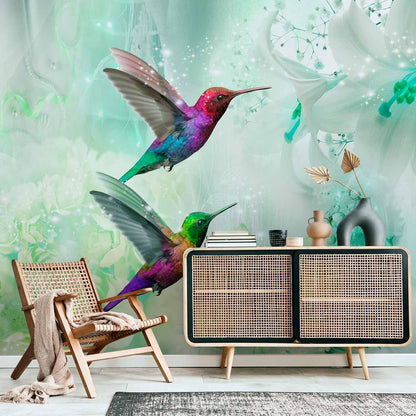 Fototapete Kolibris im Dschungel – Farbenfrohe Exotik in Grün