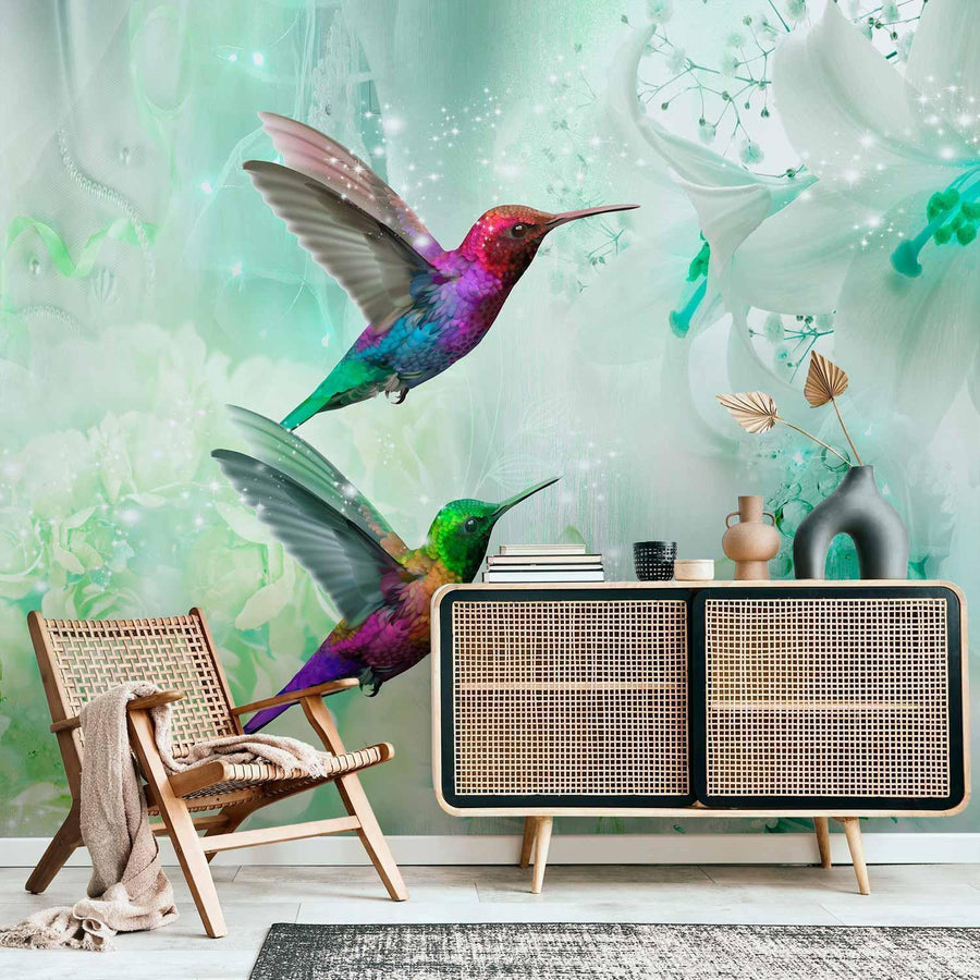 Fototapete Kolibris im Dschungel – Farbenfrohe Exotik in Grün