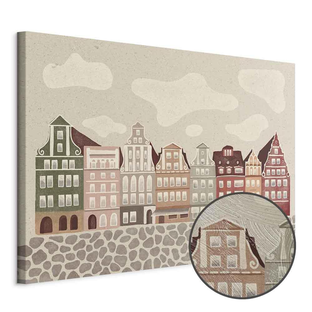 Leinwandbild - Salt Square - Colorful Illustrated Townhouses Against a Cloudy Sky Background