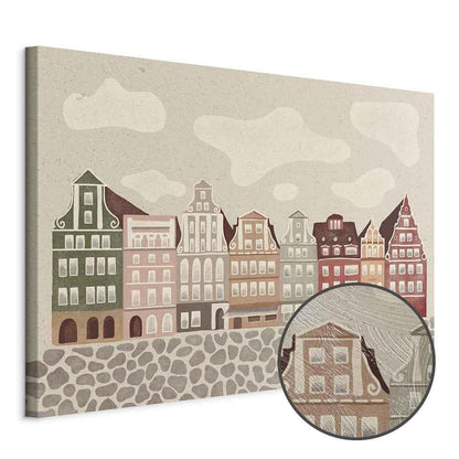 Leinwandbild - Salt Square - Colorful Illustrated Townhouses Against a Cloudy Sky Background