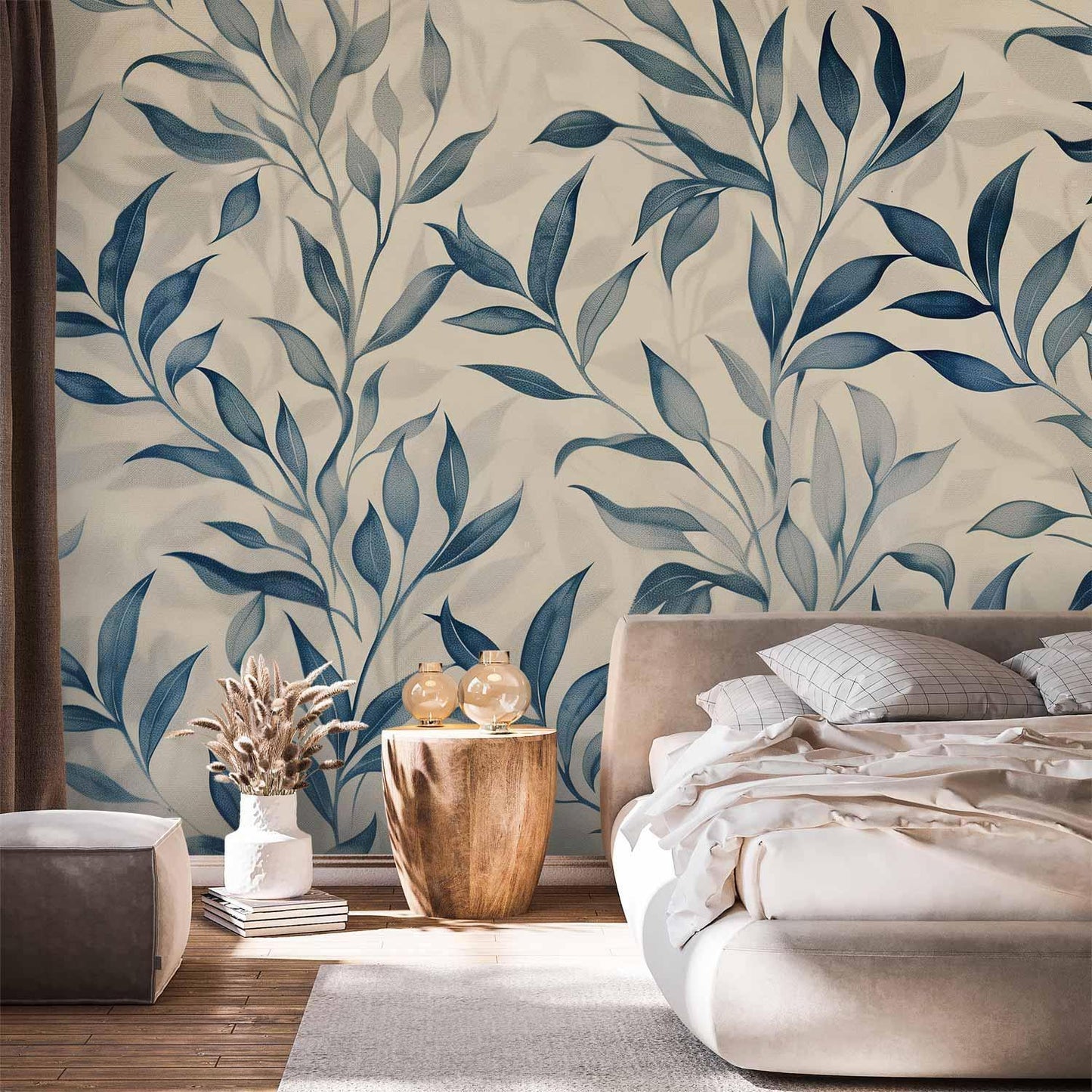 Fototapete - Leaves in Blue Colors Delicate Botanical Motif Artgeist