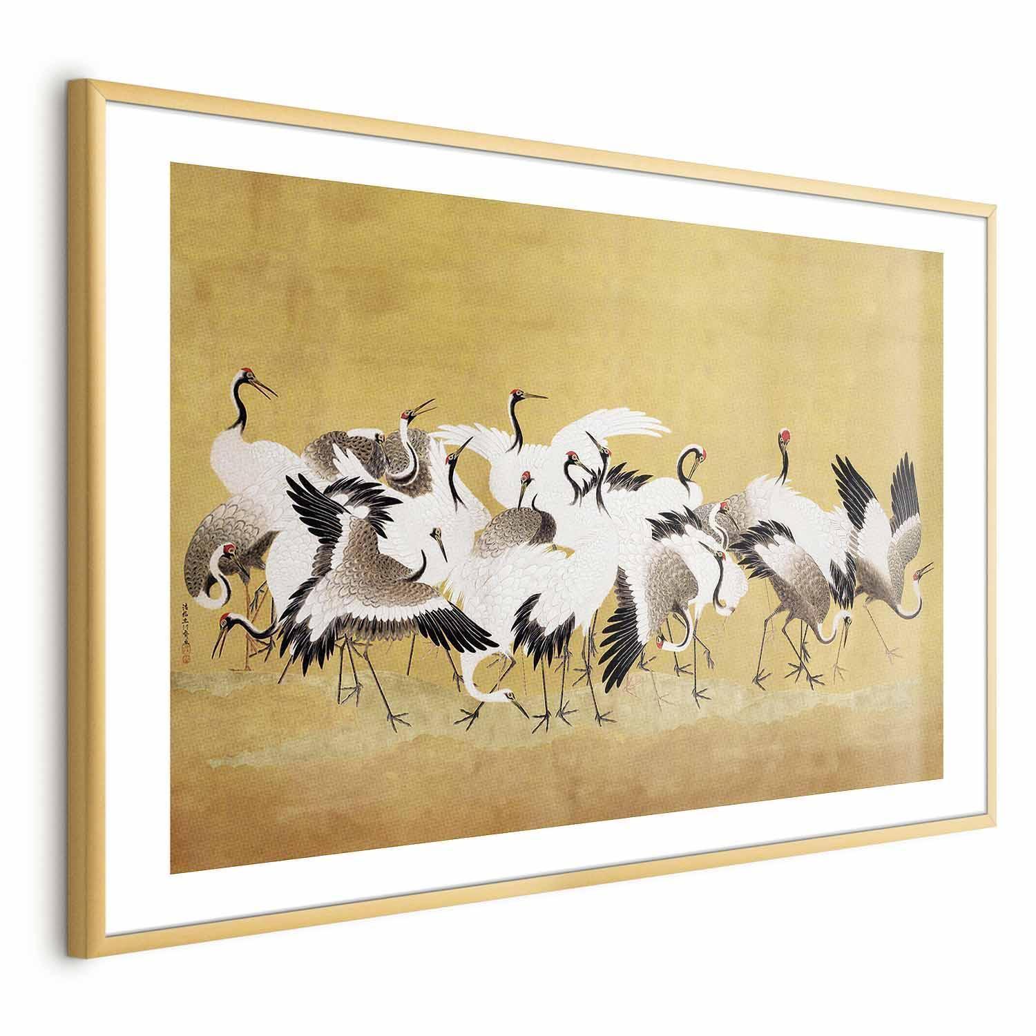 Poster featuring Japanese cranes flocking against a golden background, inspired by Ishida Yūtei's painting.