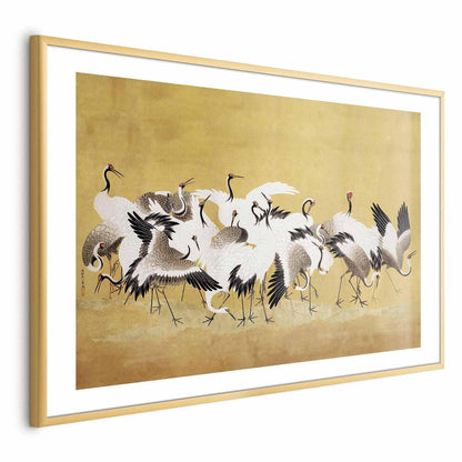 Poster featuring Japanese cranes flocking against a golden background, inspired by Ishida Yūtei's painting.