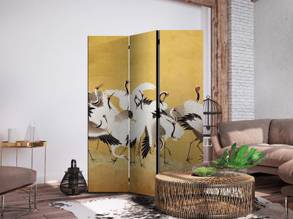 Paravent - Japanese cranes - a flock of birds against a golden background based on a painting by Ishida Yūtei