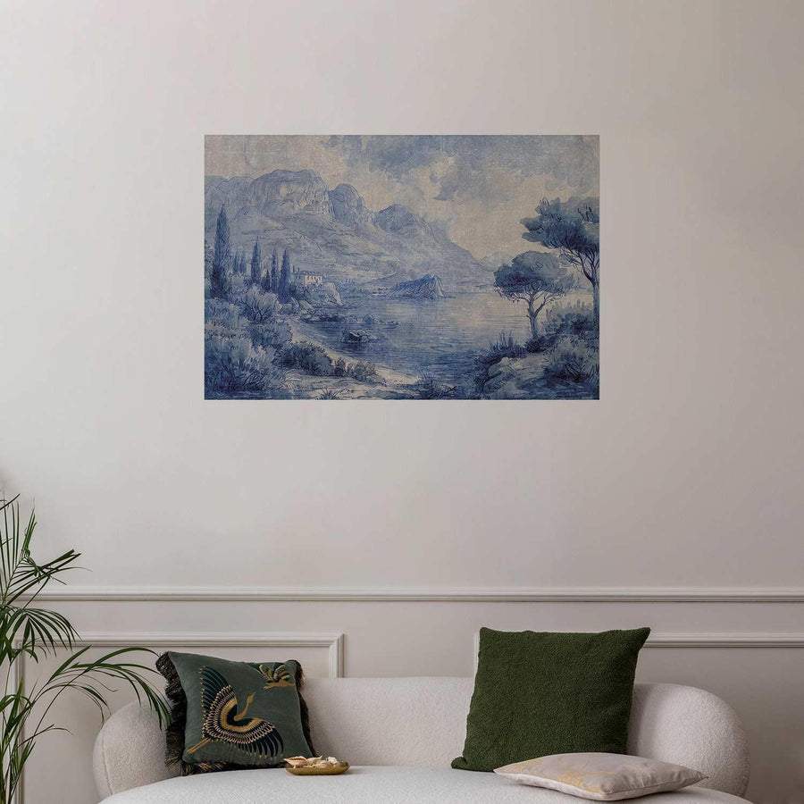 Poster - Blue Bay - Italian Landscape of Lake Como Painted in Blue Ink Artgeist