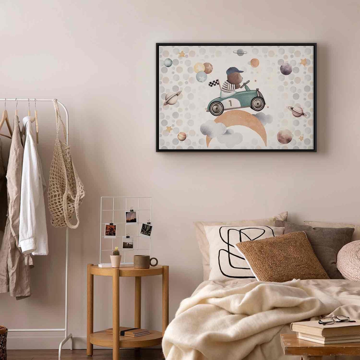 Leinwandbild - Galactic Races - A Bear Participating in Car Races Among Planets Clouds and Stars in Pastel Hues