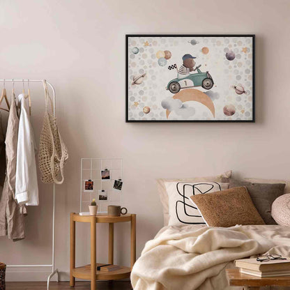 Leinwandbild - Galactic Races - A Bear Participating in Car Races Among Planets Clouds and Stars in Pastel Hues