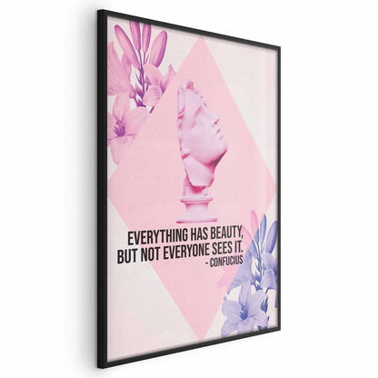 Poster - Confucius on Beauty - a bust in pink with flowers and a quote Artgeist