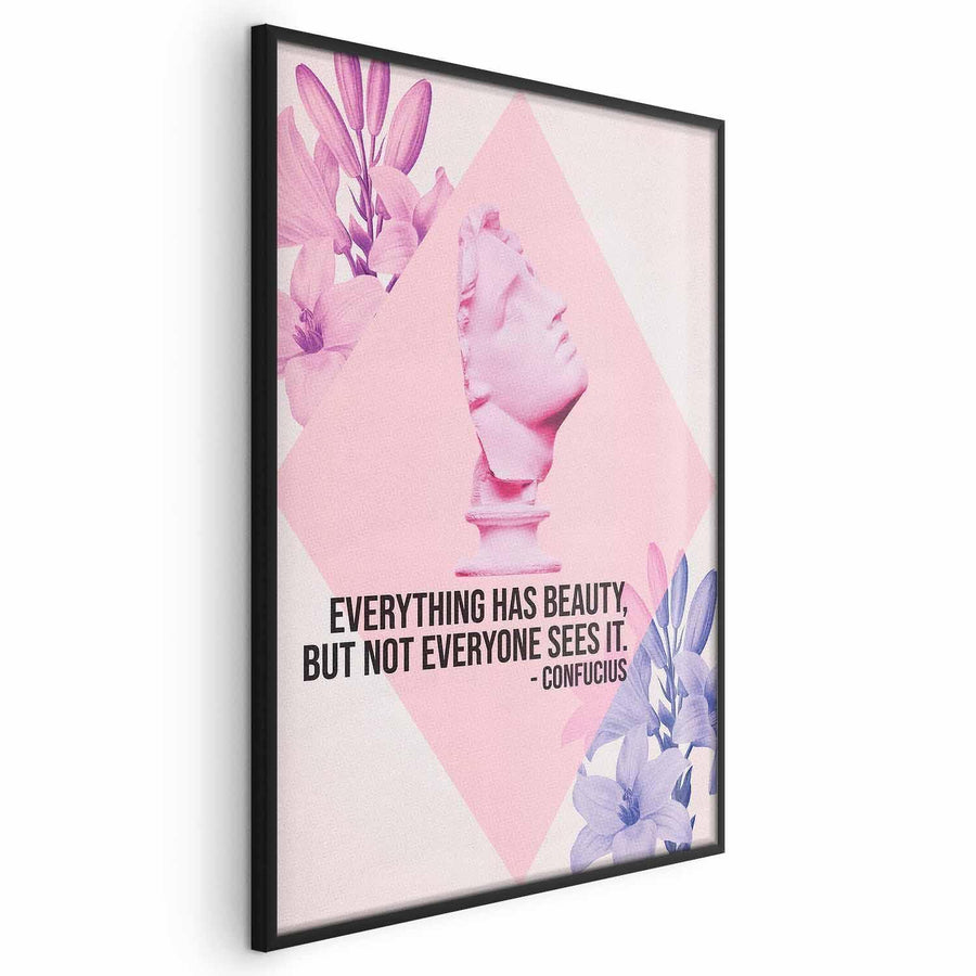 Poster - Confucius on Beauty - a bust in pink with flowers and a quote Artgeist